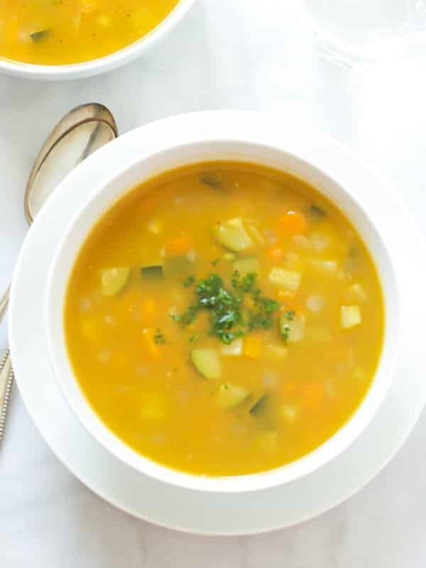 Summer Soup with peas, carrots and zucchini