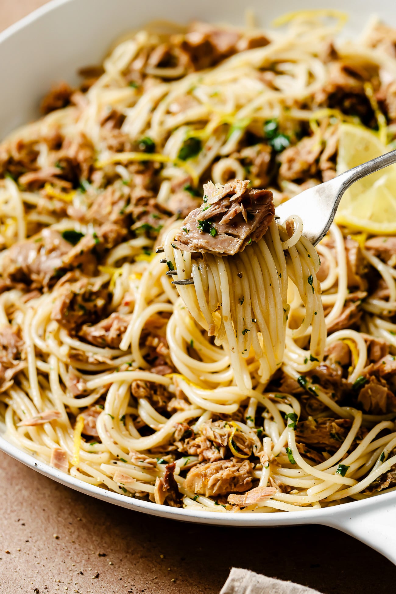 closeup of a fork with tuna pasta.
