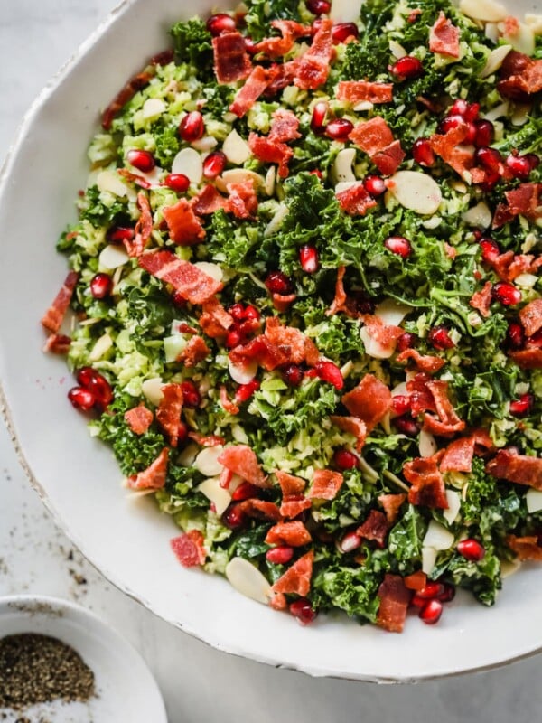 Overhead photo of a plate of shredded Brussels sprout salad.