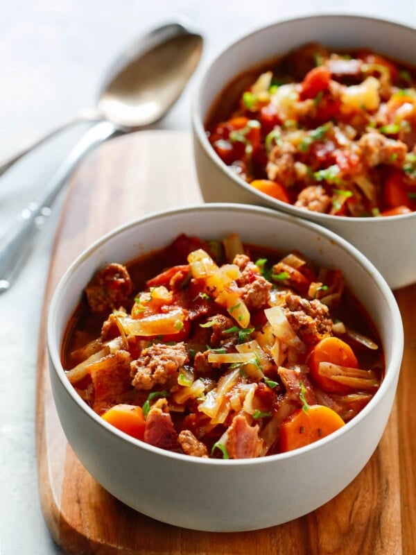 close up of cabbage and sausage bowl