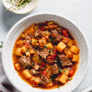 overlook of a bowl of instant pot vegetable beef soup