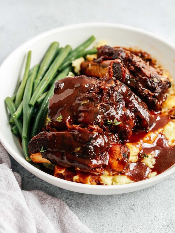 overhead view of a bowl containing Instant pot short ribs