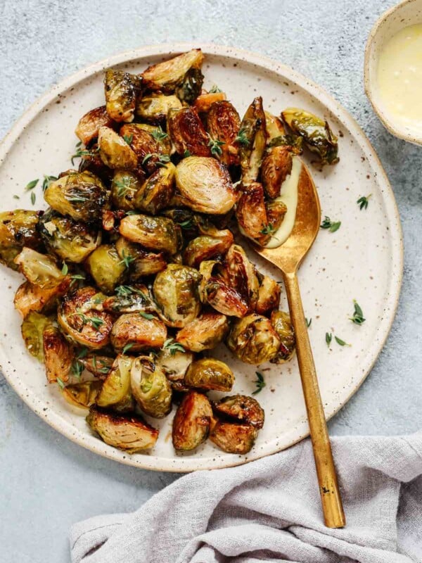 overhead view of Roasted Brussels sprouts on serving platter.