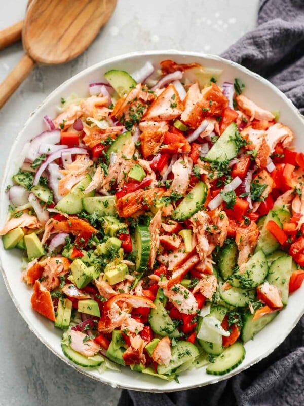 Overhead photo of a salmon salad.