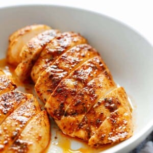 close up of a baked sliced chicken breast