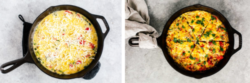 Vegetable frittata in a cast-iron skillet.