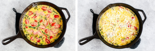 vegetables and egg mixture in a cast iron skillet.