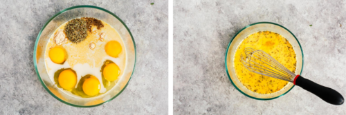 Eggs and almond milk in a glass bowl with a whisk in it.