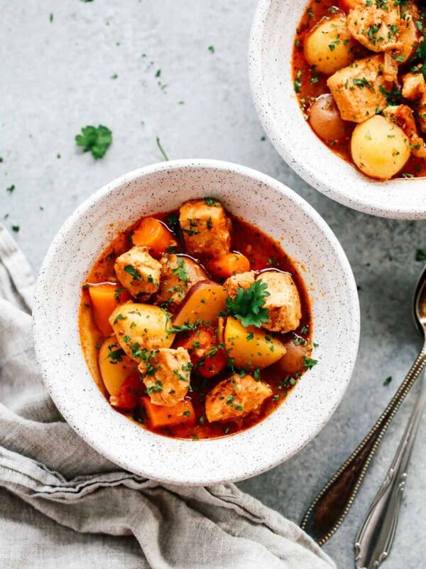 overhead view of two bowls of Instant Pot chicken stew