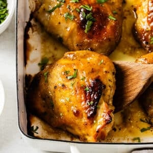 close up chicken thighs in a casserole