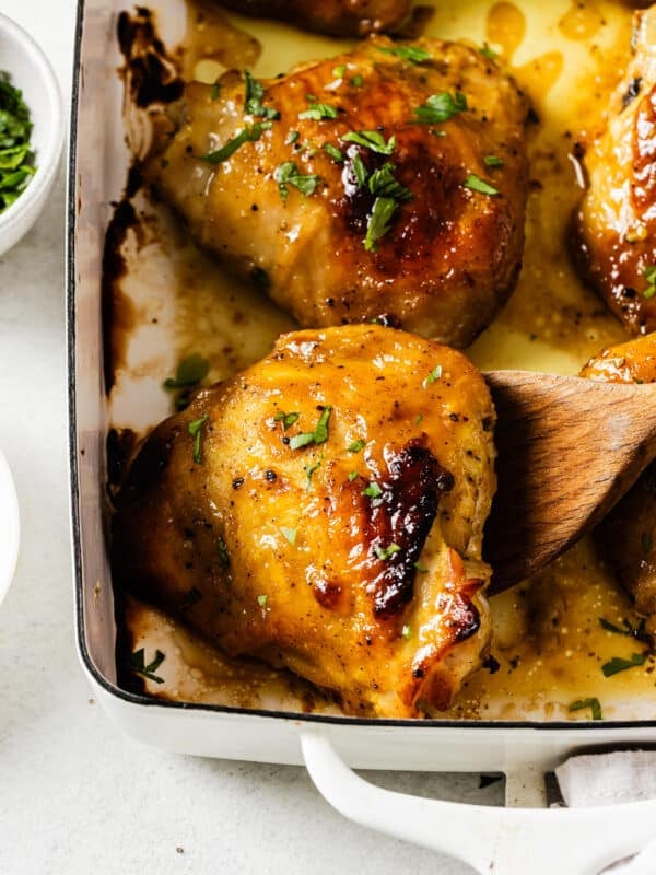 close up chicken thighs in a casserole