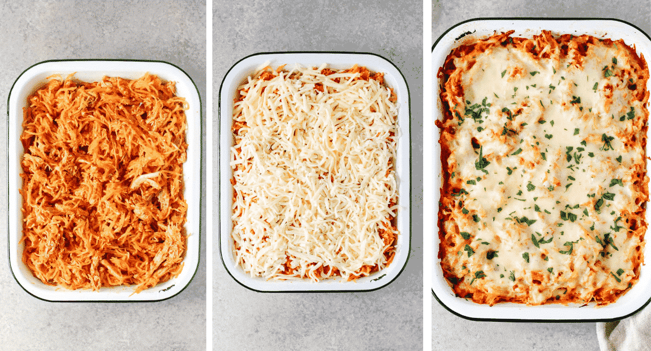 step by step instructional photos - putting the spaghetti squash mixture into the baking pan, topping with cheese, and baking