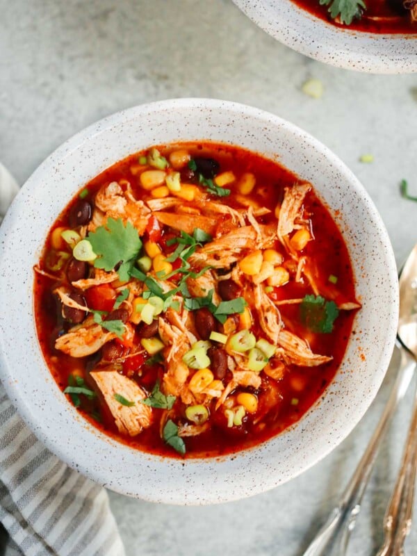 overhead view of a white bowl of Southwest Chicken Soup