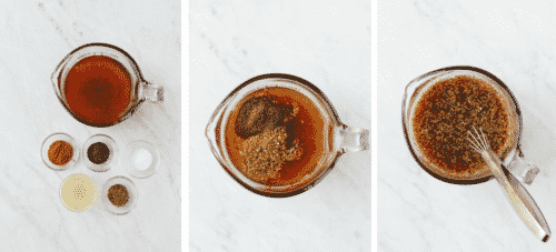 Set of photos showing a glass cup filled with chicken broth and spices.