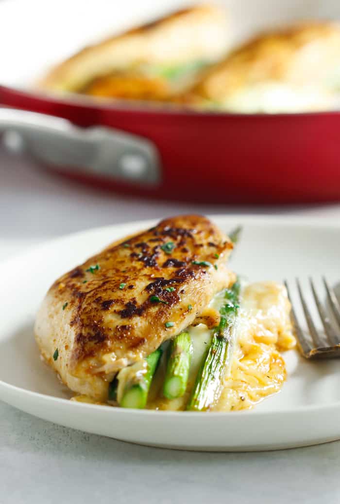 closeup of asparagus stuffed chicken breast