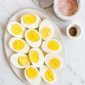 A platter of eggs cut in half.