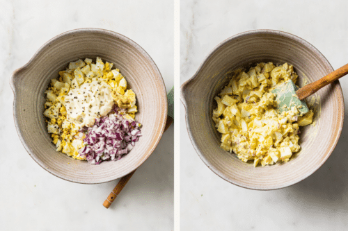 left: chopped ingredients in a bowl. right: mixed ingredients in a bowl.