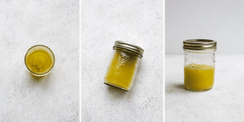 set of photos showing how to make salad dressing