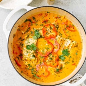 overhead view of Dutch Oven containing fish stew