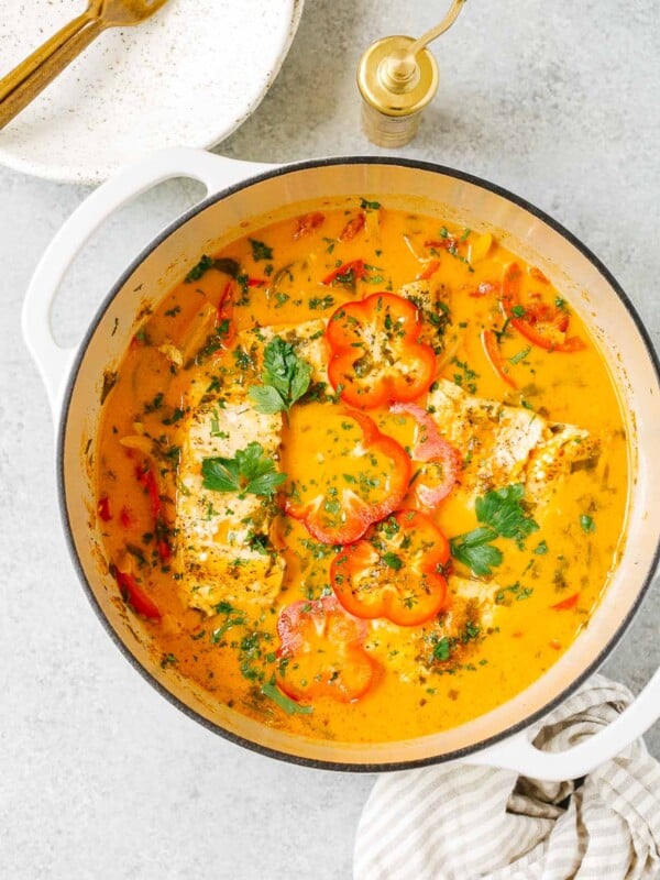 overhead view of Dutch Oven containing fish stew