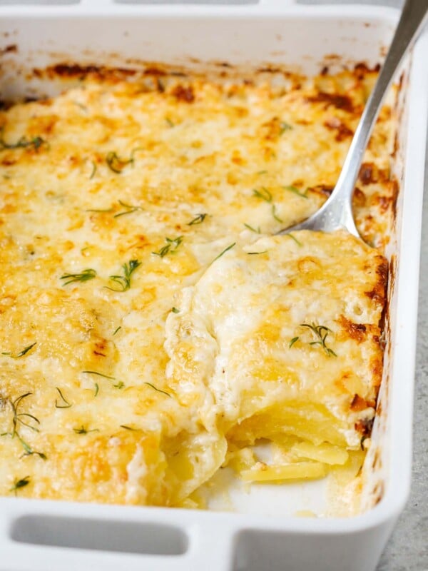closeup of potatoes au gratin in a casserole