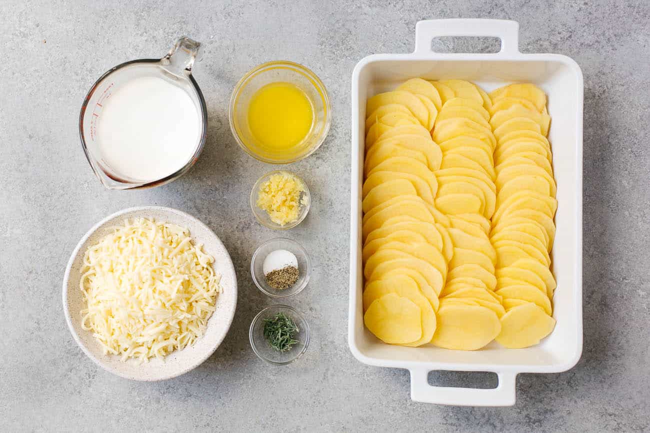 overhead view of potatoes au gratin ingredients