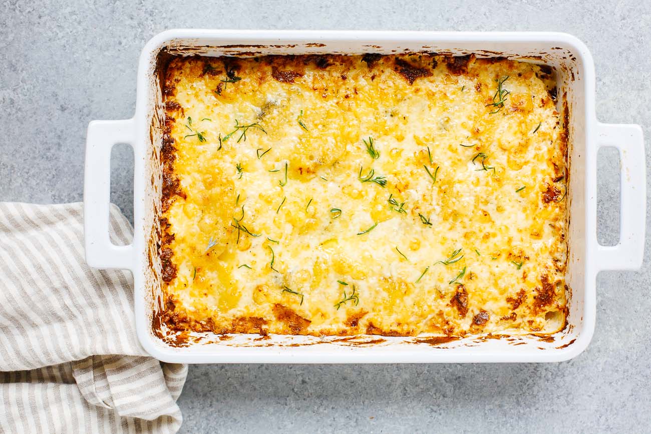 overhead view of potatoes au gratin in a casserole