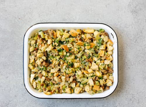 overhead view of a baking sheet containing stuffing ingredients