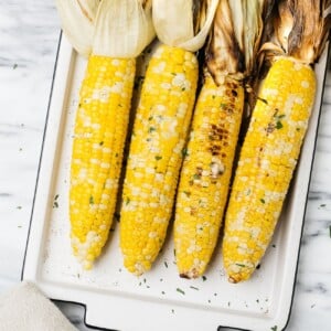 grilled corn on a cob on a white plate