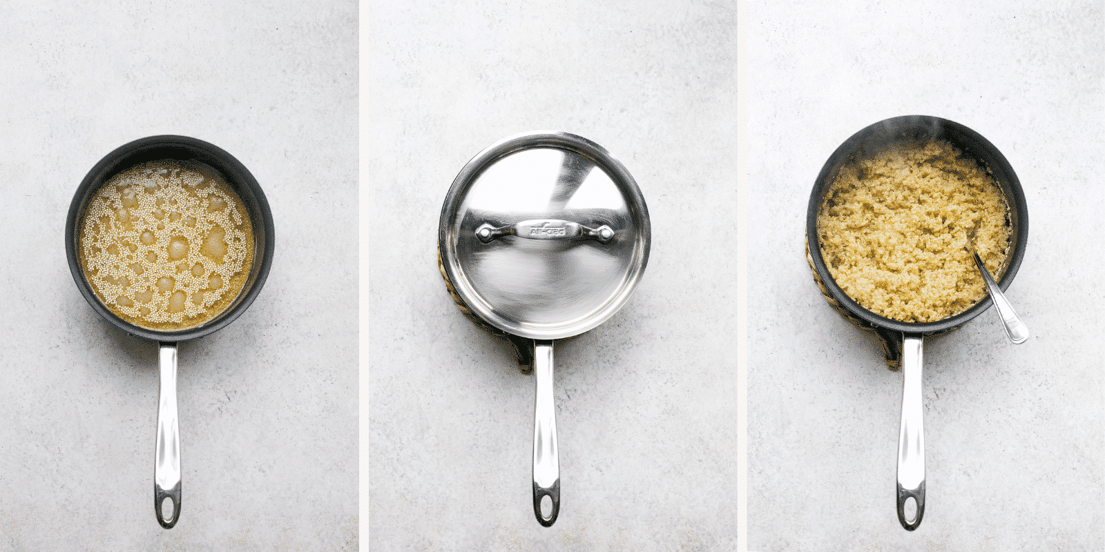 Left: quinoa in boiling water. Middle: lidded saucepan. Right: fluffed quinoa in saucepan.