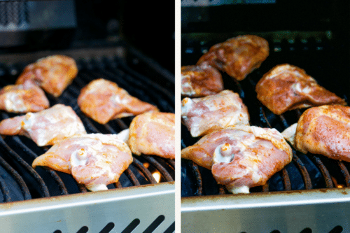 Raw chicken thighs on the grill