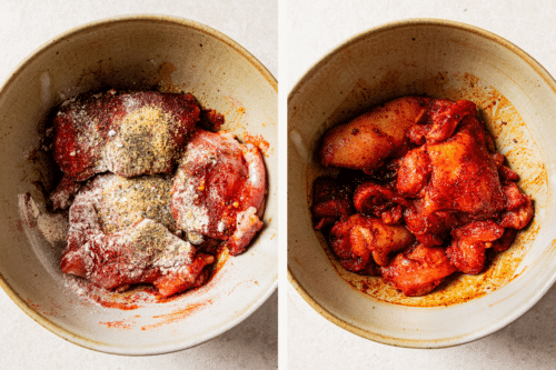 Raw, seasoned chicken thighs in a bowl