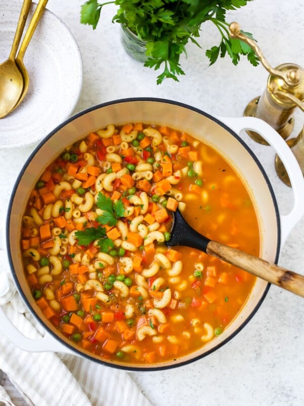 Pasta Soup with Sweet Potato and Peas