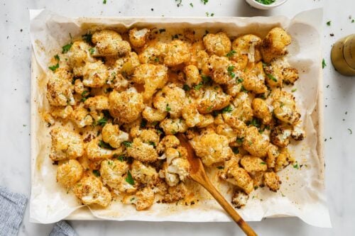 Roasted Cauliflower on a baking sheet