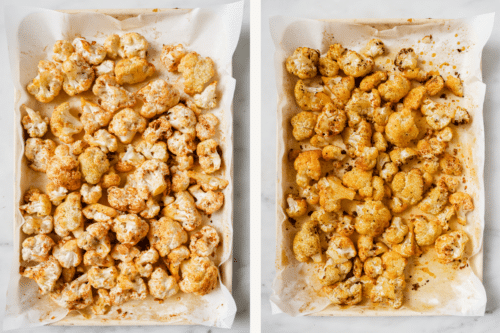 set of photos showing seasoned and raw cauliflower florets on a baking sheet and on the other side baked cauliflower.