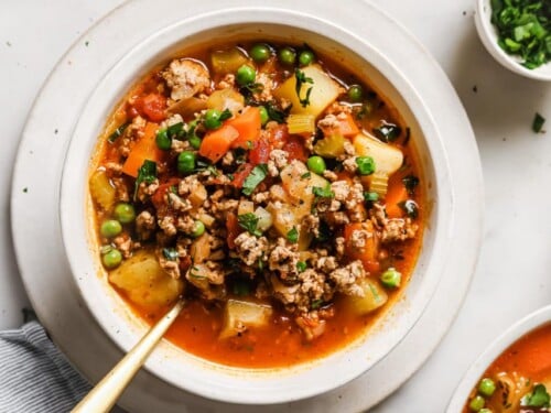 Ground Turkey Soup in a white bowl