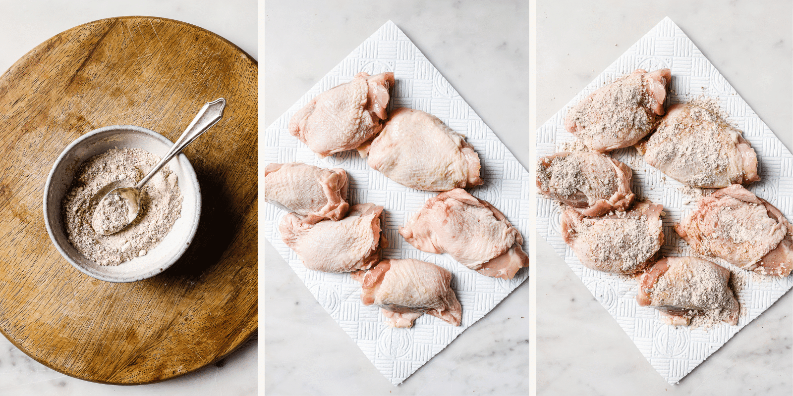 Left: a bowl of seasonings. Center: chicken thighs on a paper towel. Right: seasoned chicken thighs.
