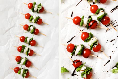 Caprese skewers on a parchment paper.