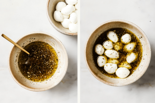 mozzarella mini balls in a bowl with olive oil and spices