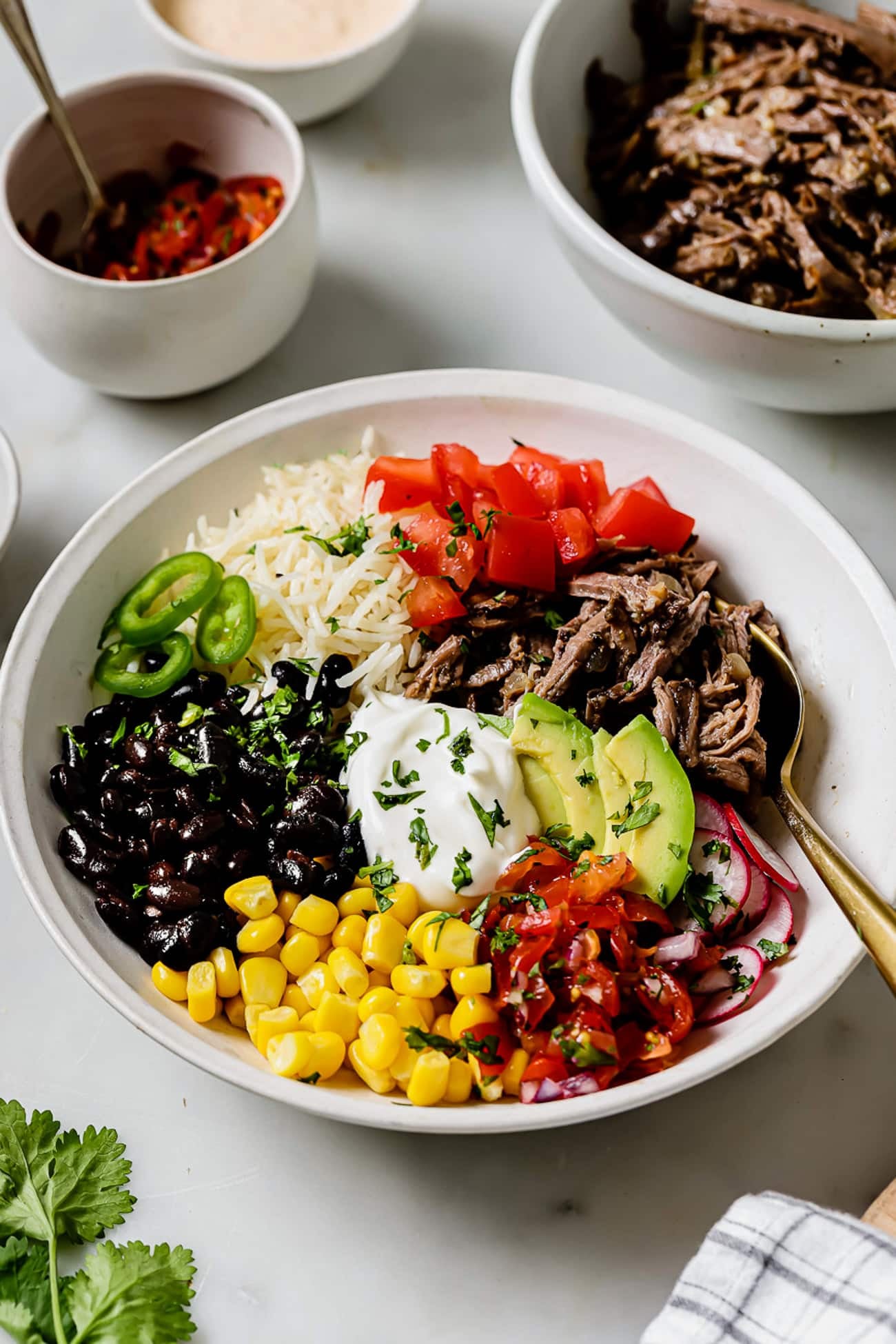 A barbacoa burrito bowl loaded with veggies and toppings in a white bowl. 