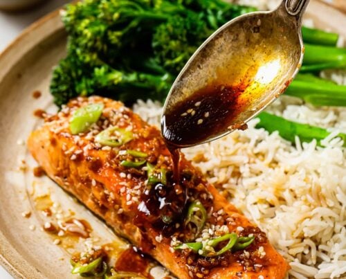 honey garlic salmon on a plate with rice