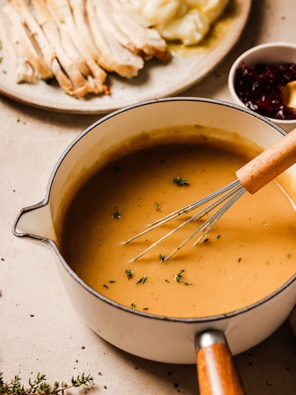 closeup view of Gravy Without Drippings in a sauce pan.