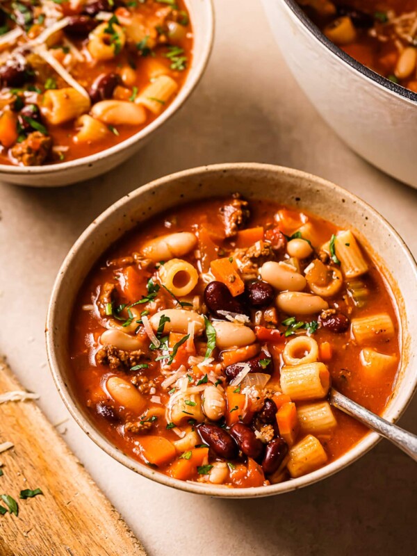 overhead view of Pasta e Fagioli Soup in a bowl.