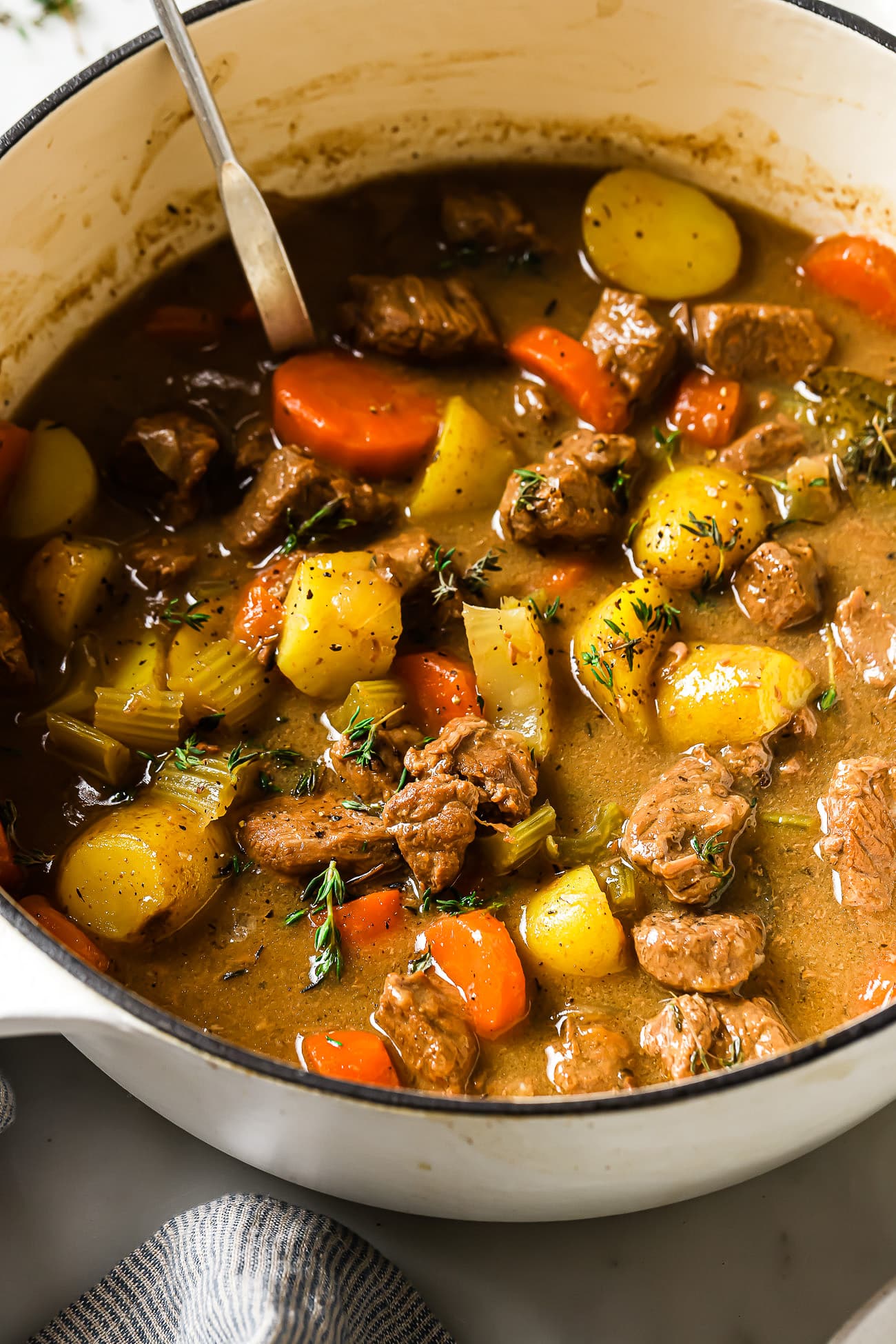 An overhead view of apple cider beef stew in a large Dutch oven.