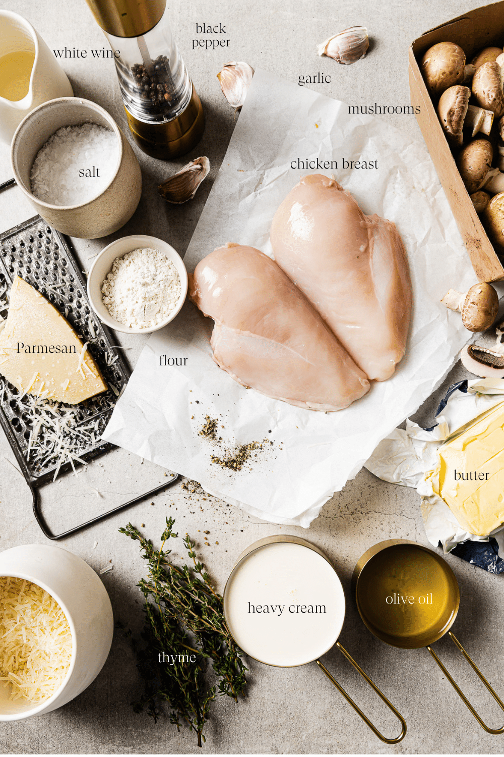 Pre-measured ingredients to make creamy mushroom chicken.