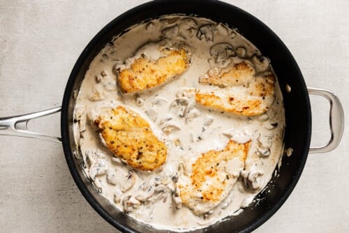 Creamy Mushroom Chicken breasts simmer in a rich mushroom sauce inside a black skillet on a light surface. The sauce, filled with visible mushroom slices, perfectly coats the golden-brown chicken pieces.