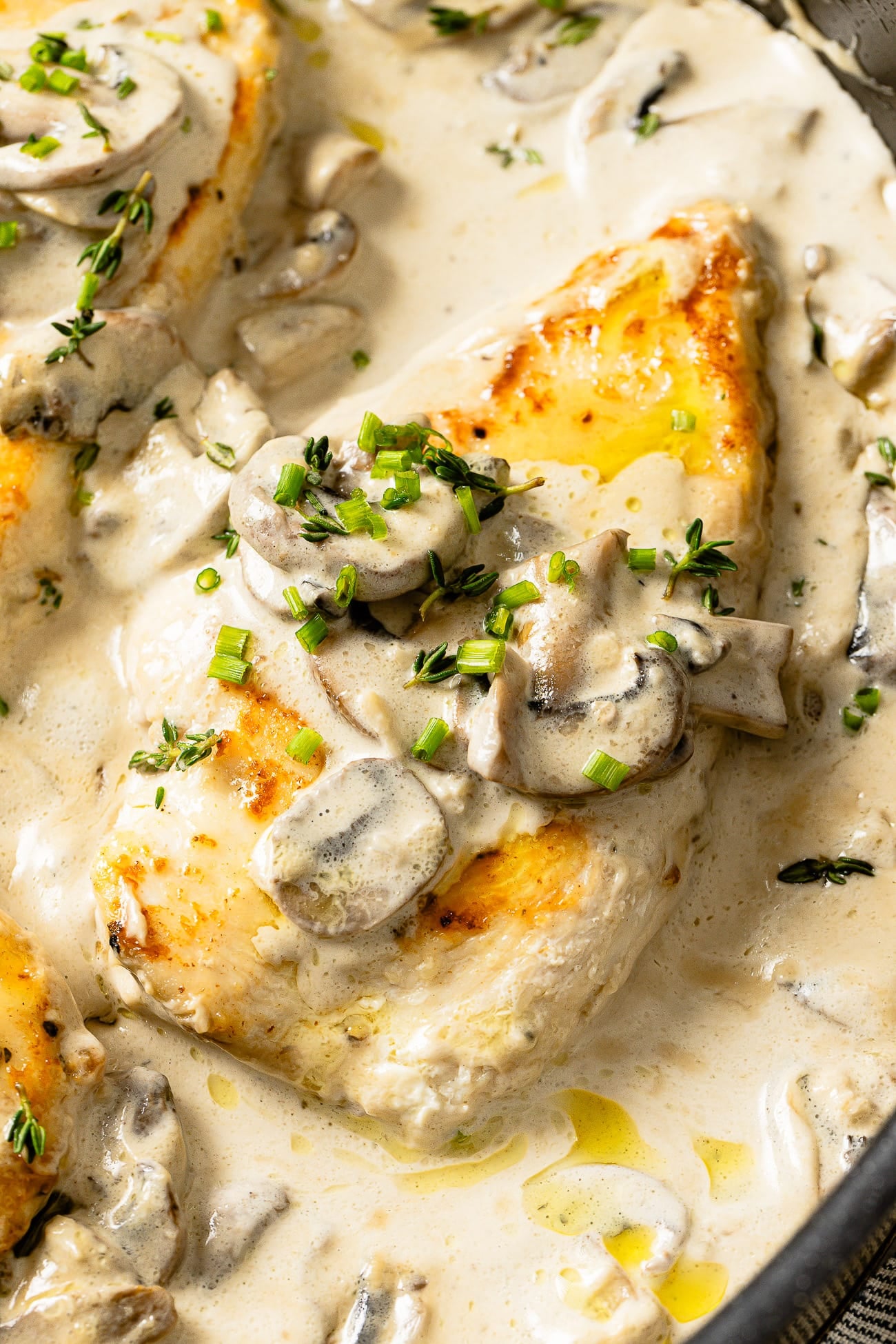 A close-up of creamy mushroom chicken topped with chives and thyme. 