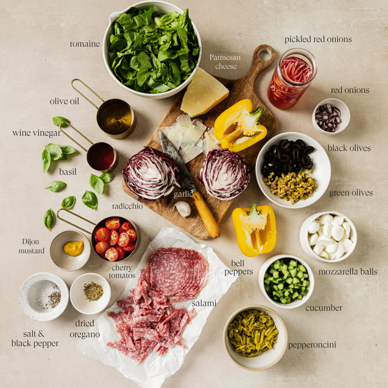 Pre-measured ingredients in small bowls with text overlay labeling each one.