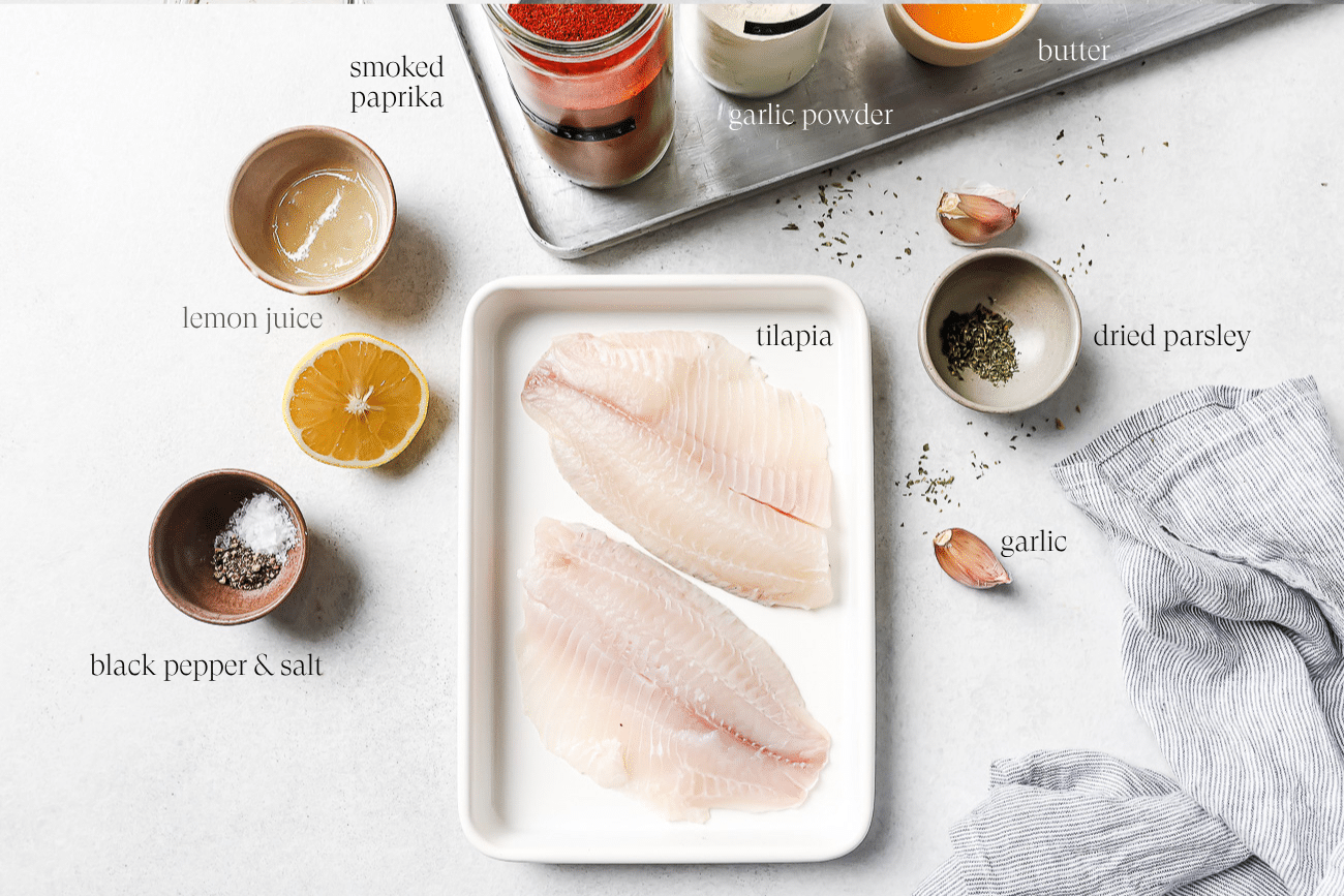 overhead view of the ingredients to make air fryer tilapia on a countertop