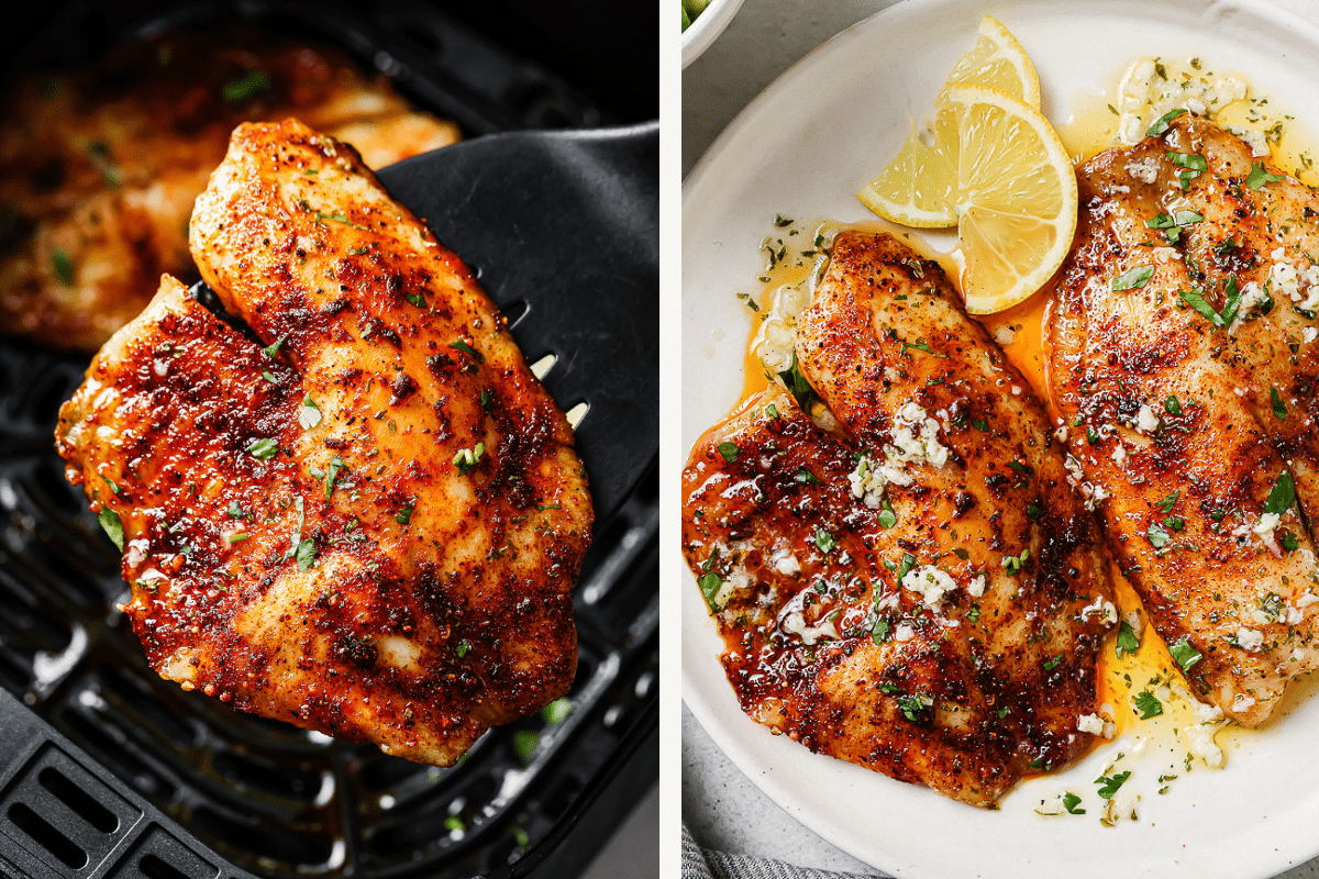 Right: a black spatula lifting a tilapia fillet. Left: tilapia fillet on a white plate topped with lemon garlic sauce.